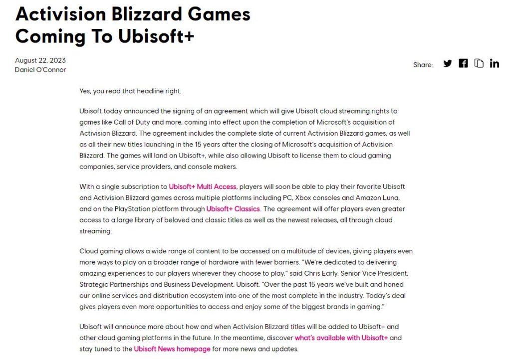育碧与微软签署协议 动视暴雪游戏将登陆Ubisoft+