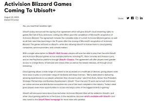 育碧与微软签署协议 动视暴雪游戏将登陆Ubisoft+